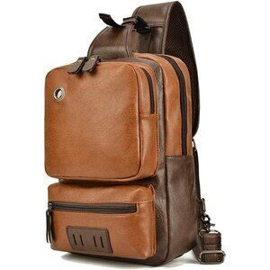 💫 Men Brown Vintage Leather Sling Crossbody Chest Backpack Travel Bags